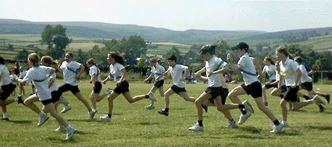 Key stage 2 children starting their cros country run at Oxenhope Priimary School's Sports Day
