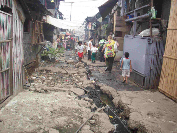 Open strret sewer shared by dogs and rats.