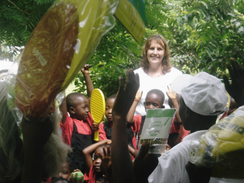 Mary handing out the toys that you gave to us